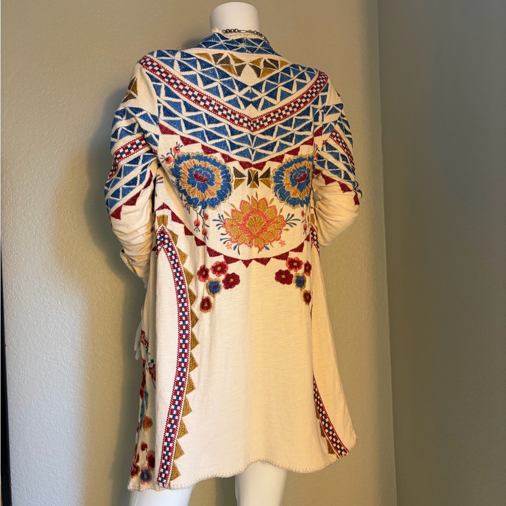 Johnny Was Cream Cardigan with Blue, Red and Gold Embroidery
